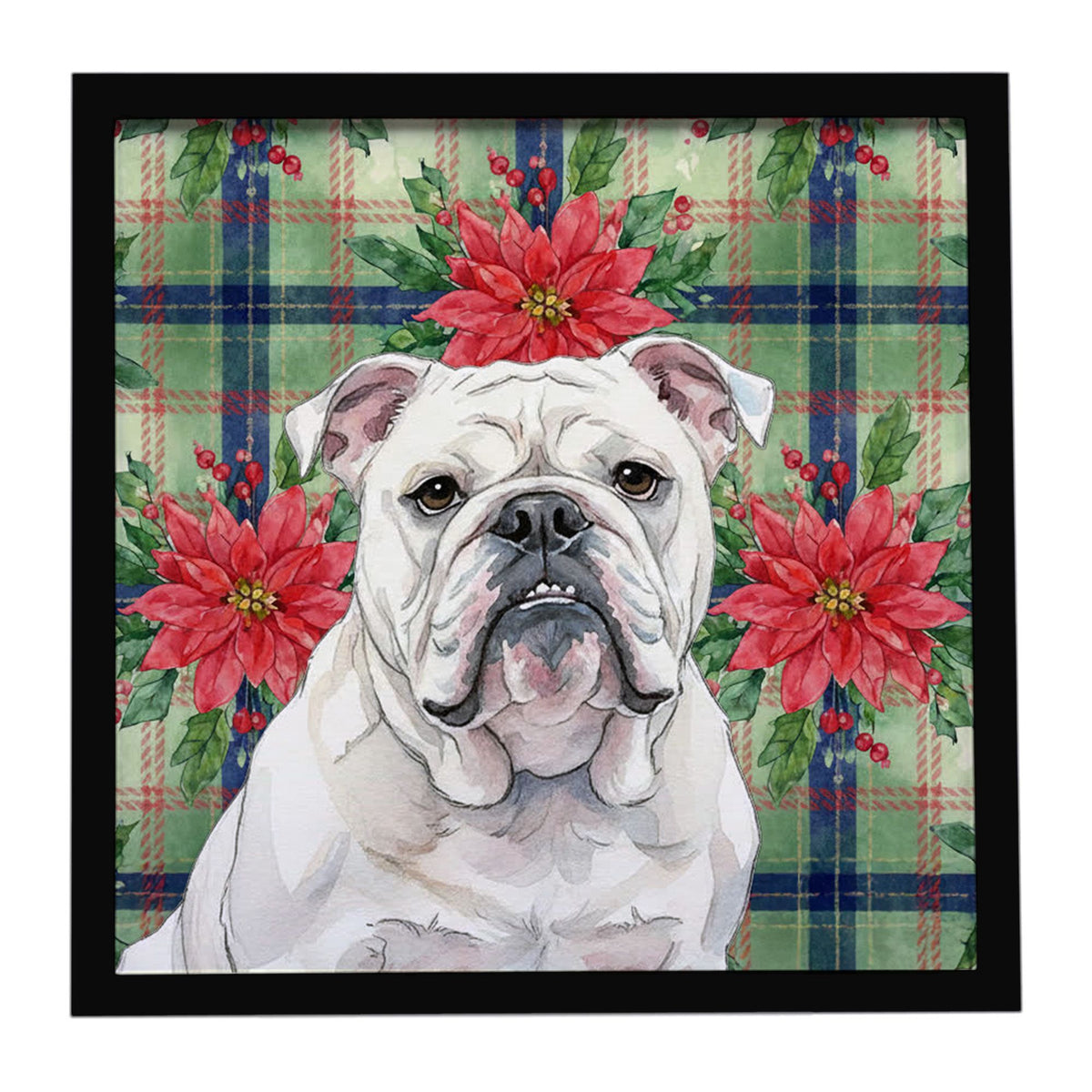 White English Bulldog Christmas Poinsettia Wall Art