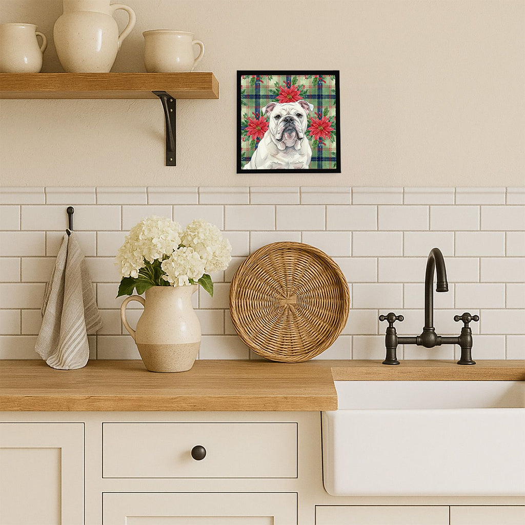 White English Bulldog Christmas Poinsettia Wall Art