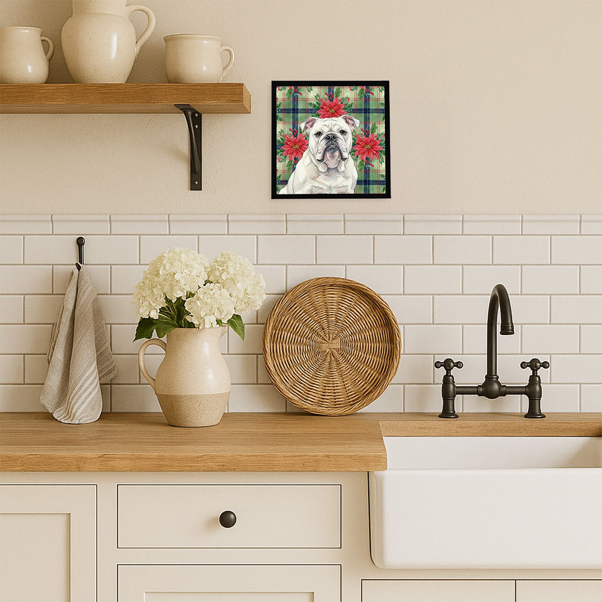 White English Bulldog Christmas Poinsettia Wall Art