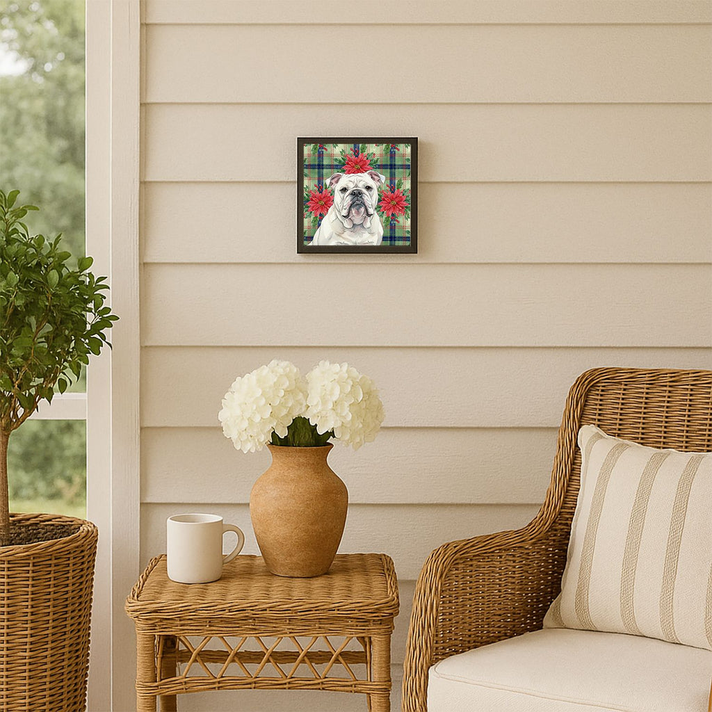 White English Bulldog Christmas Poinsettia Wall Art
