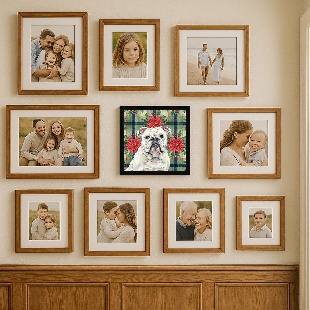 White English Bulldog Christmas Poinsettia Wall Art