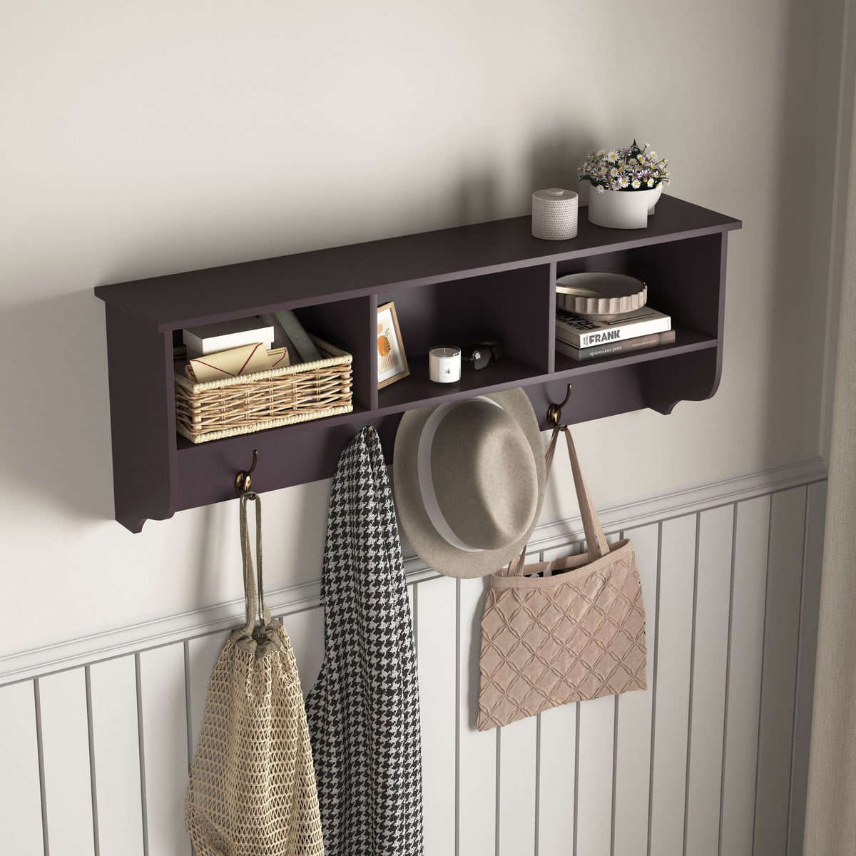 Entryway Coat Rack with Cubbies, Shelf, and Hooks