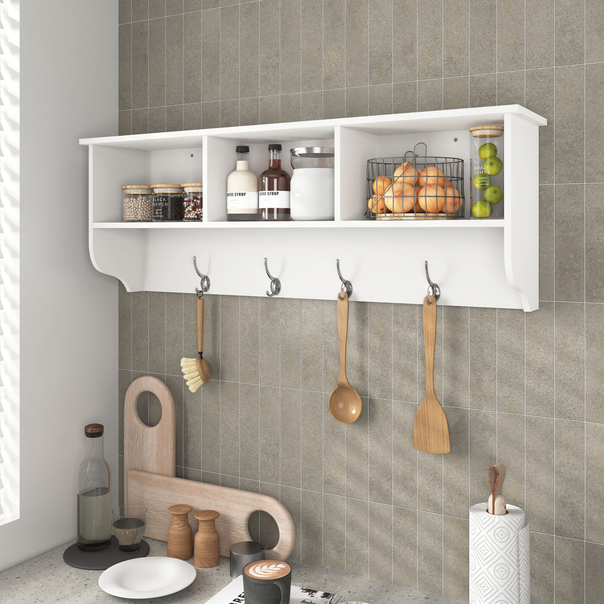 Wall-Mounted Entryway Rack with Cubbies, Shelf, and Dual Hooks