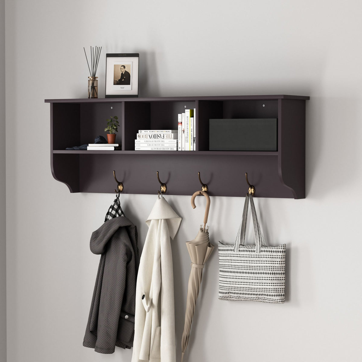 Entryway Coat Rack with Cubbies, Shelf, and Hooks