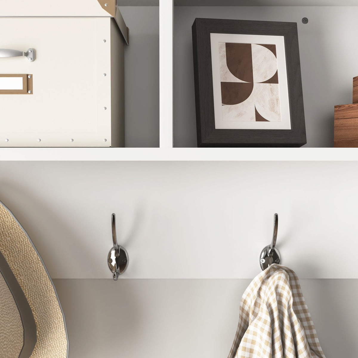 Wall-Mounted Entryway Rack with Cubbies, Shelf, and Dual Hooks