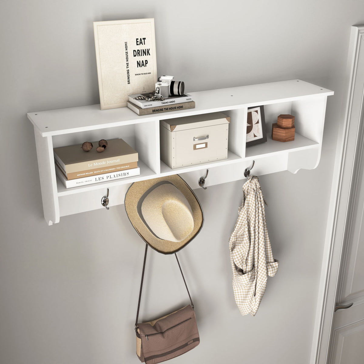 Wall-Mounted Entryway Rack with Cubbies, Shelf, and Dual Hooks
