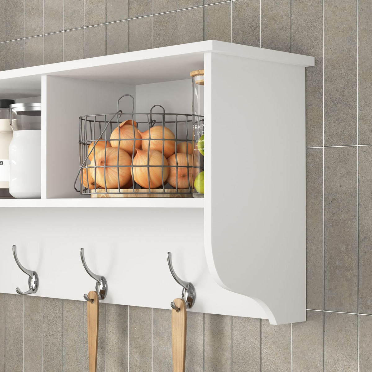Wall-Mounted Entryway Rack with Cubbies, Shelf, and Dual Hooks