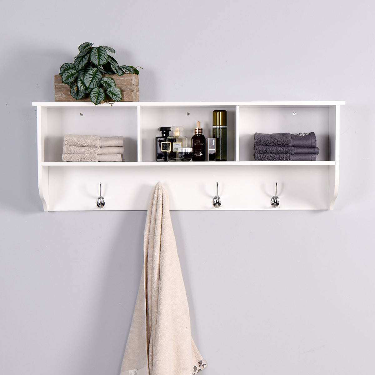 Wall-Mounted Entryway Rack with Cubbies, Shelf, and Dual Hooks
