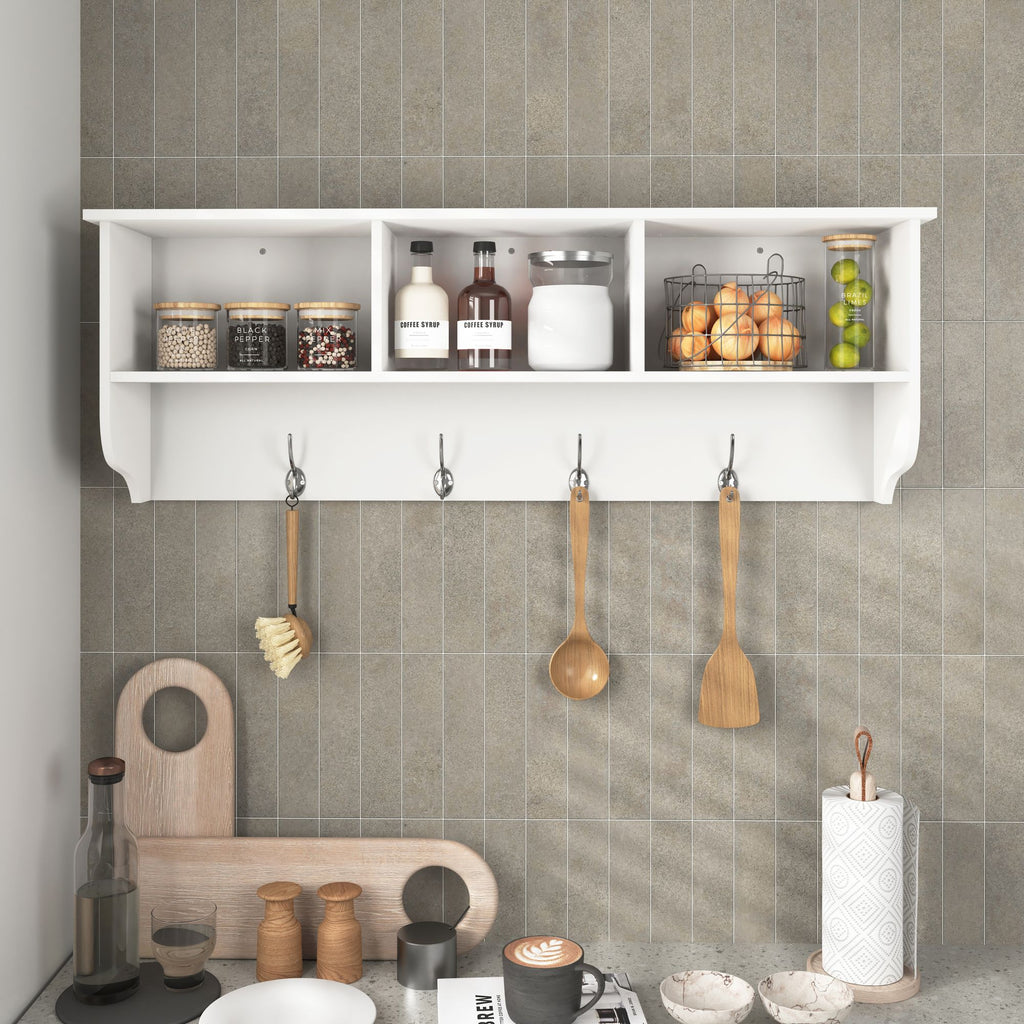 Wall-Mounted Entryway Rack with Cubbies, Shelf, and Dual Hooks