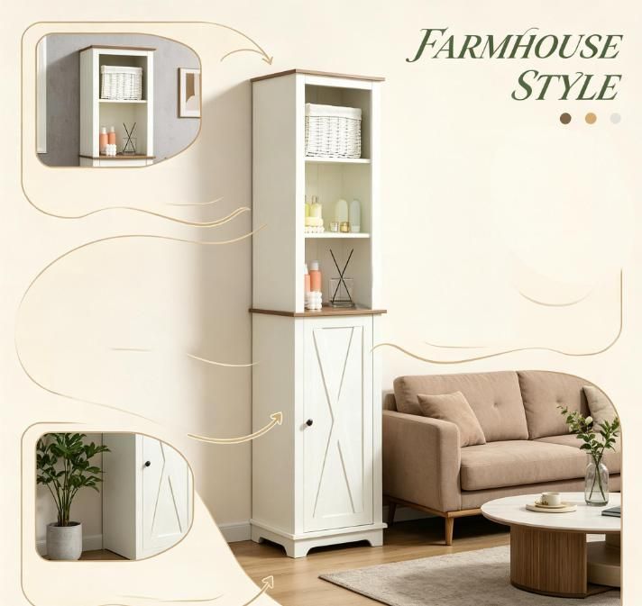 White Farmhouse Bathroom Storage Cabinet with Adjustable Shelves and Hidden Storage