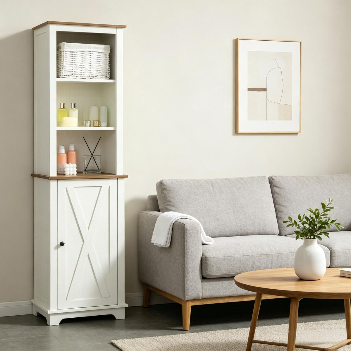 White Farmhouse Bathroom Storage Cabinet with Adjustable Shelves and Hidden Storage
