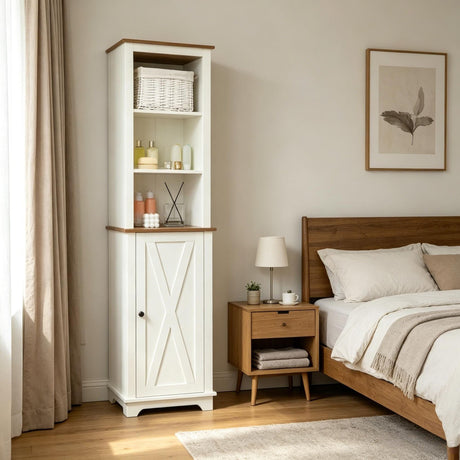 White Farmhouse Bathroom Storage Cabinet with Adjustable Shelves and Hidden Storage