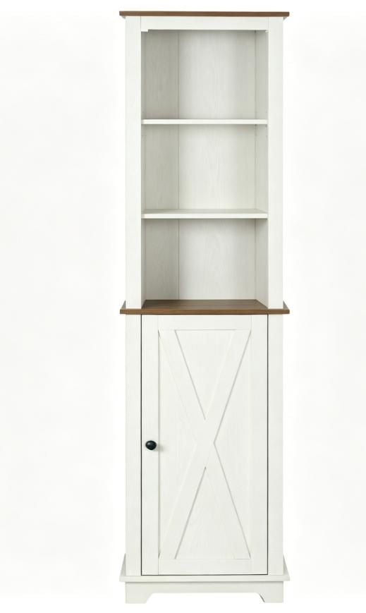 White Farmhouse Bathroom Storage Cabinet with Adjustable Shelves and Hidden Storage