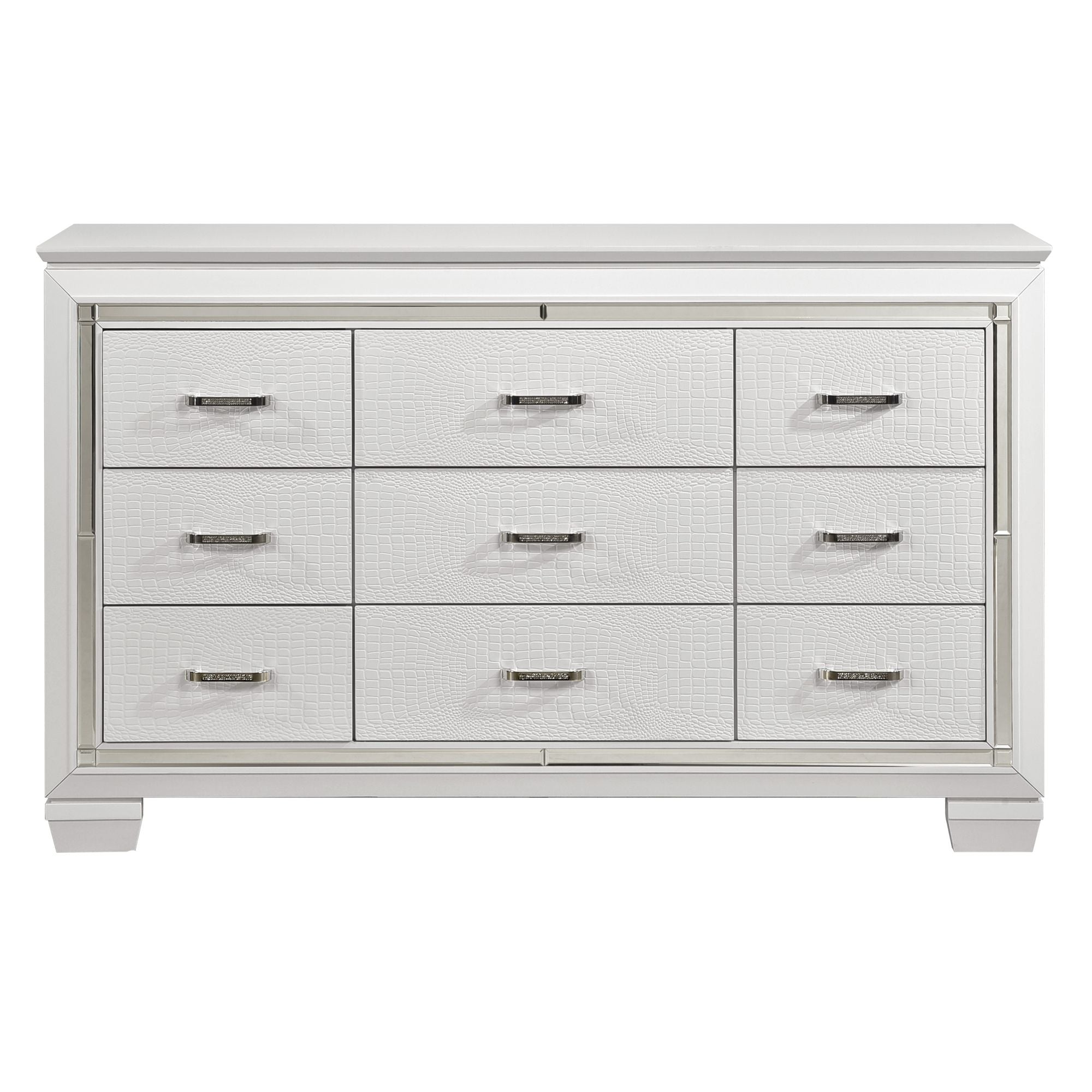 White Finish Dresser Bold Design 9 Drawers Glamorous Faux-Alligator Textured Fronts Wooden