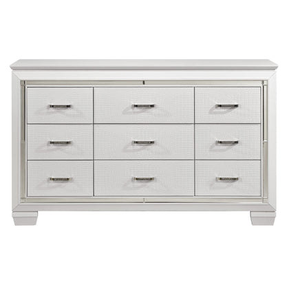 White Finish Dresser Bold Design 9 Drawers Glamorous Faux-Alligator Textured Fronts Wooden
