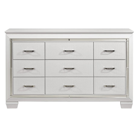 White Finish Dresser Bold Design 9 Drawers Glamorous Faux-Alligator Textured Fronts Wooden