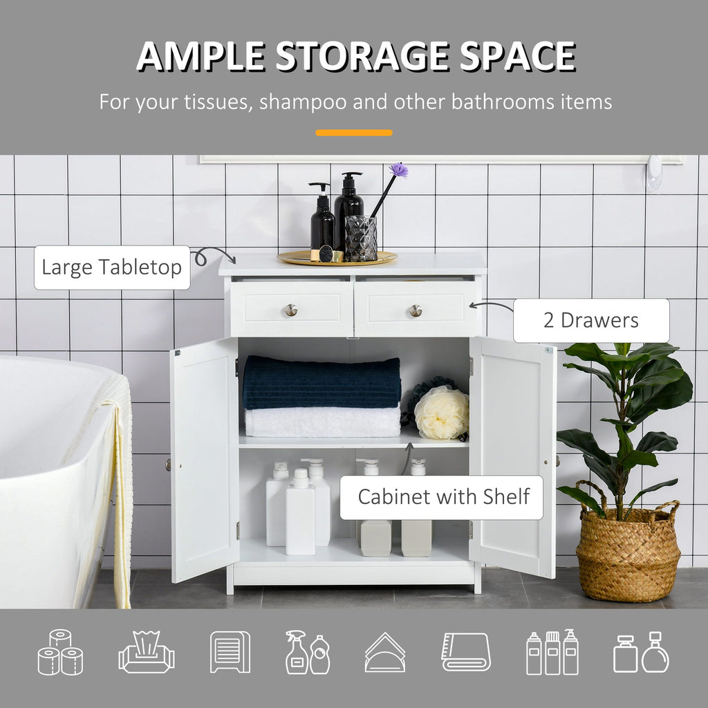 White Freestanding Bathroom Floor Cabinet with 2 Doors and 2 Drawers