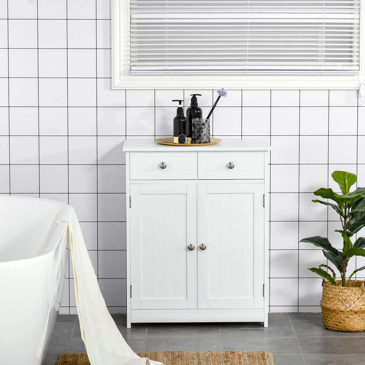 White Freestanding Bathroom Floor Cabinet with 2 Doors and 2 Drawers