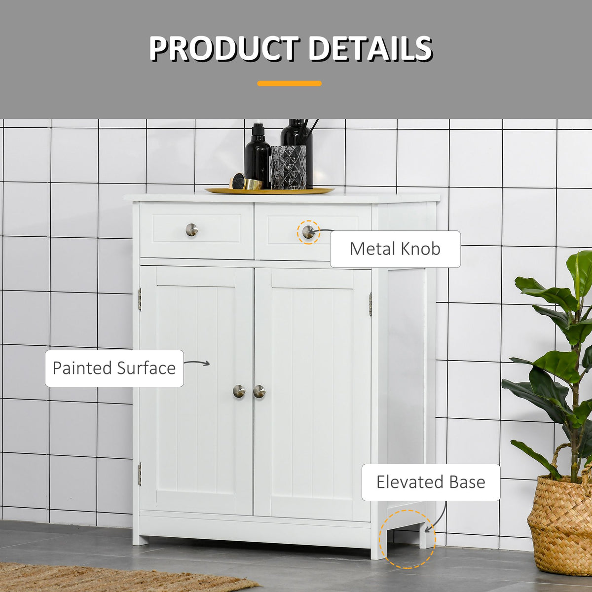 White Freestanding Bathroom Floor Cabinet with 2 Doors and 2 Drawers