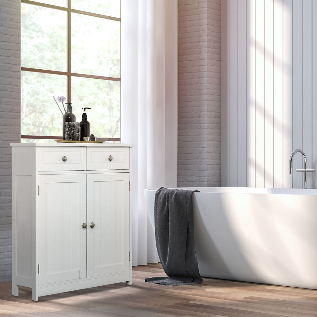 White Freestanding Bathroom Floor Cabinet with 2 Doors and 2 Drawers