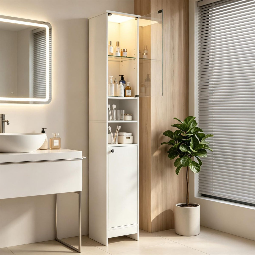 Narrow Bathroom Tall Storage Cabinet with Dimmable LED Light