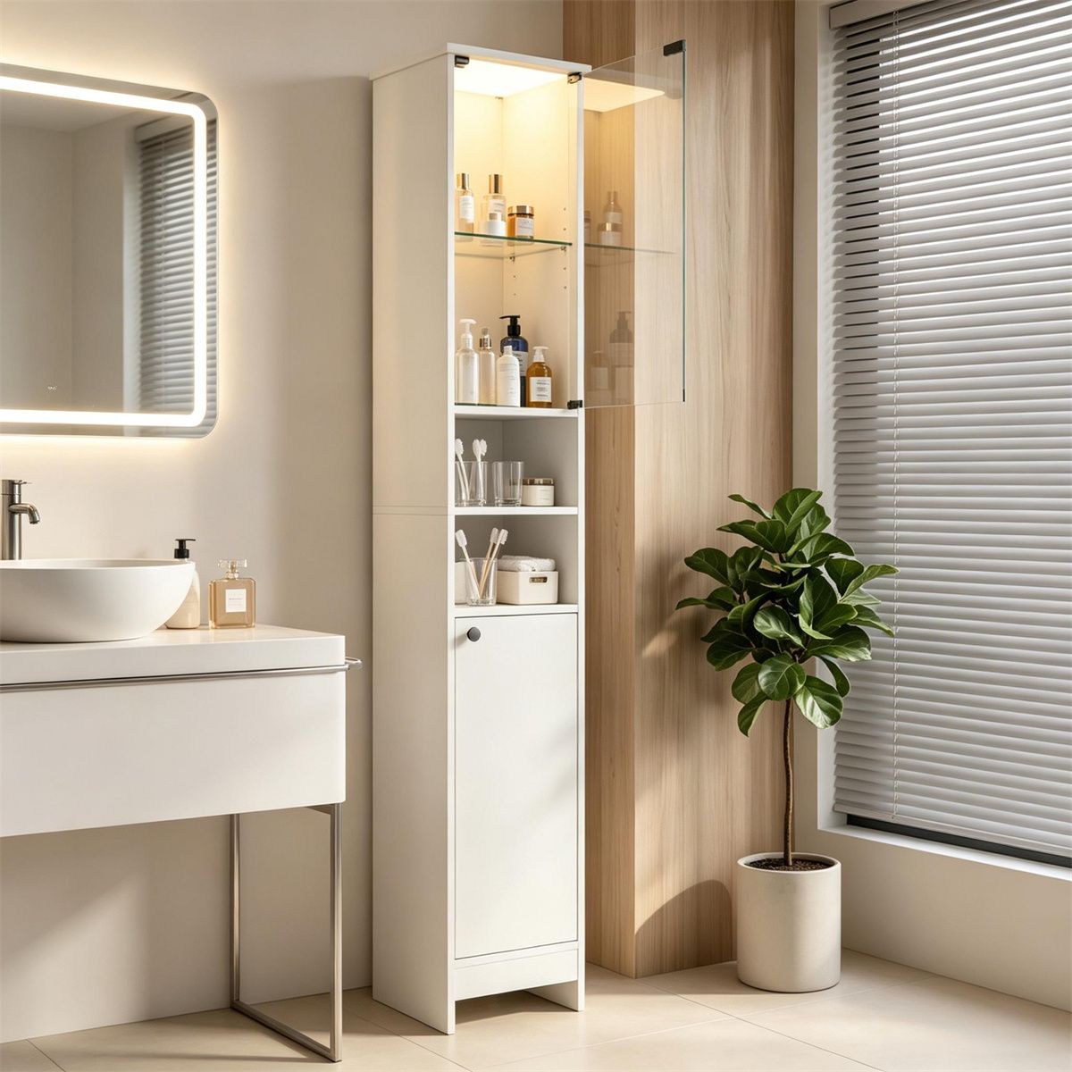 Narrow Bathroom Tall Storage Cabinet with Dimmable LED Light