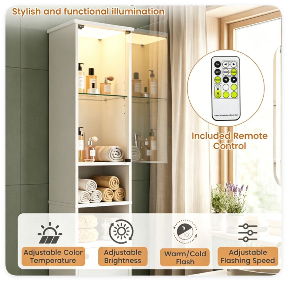 Narrow Bathroom Tall Storage Cabinet with Dimmable LED Light
