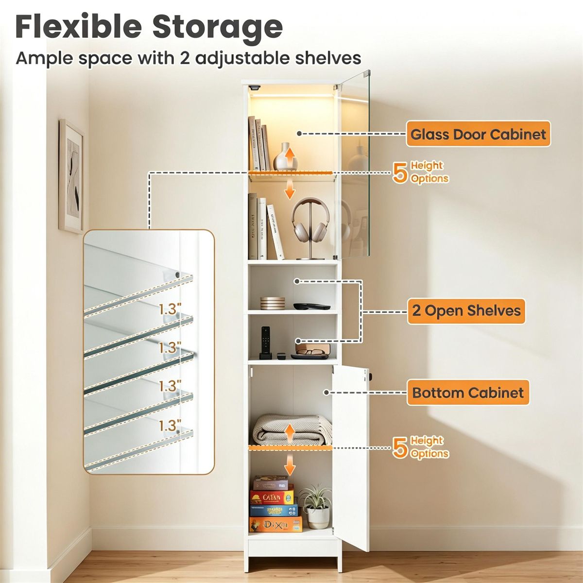 Narrow Bathroom Tall Storage Cabinet with Dimmable LED Light