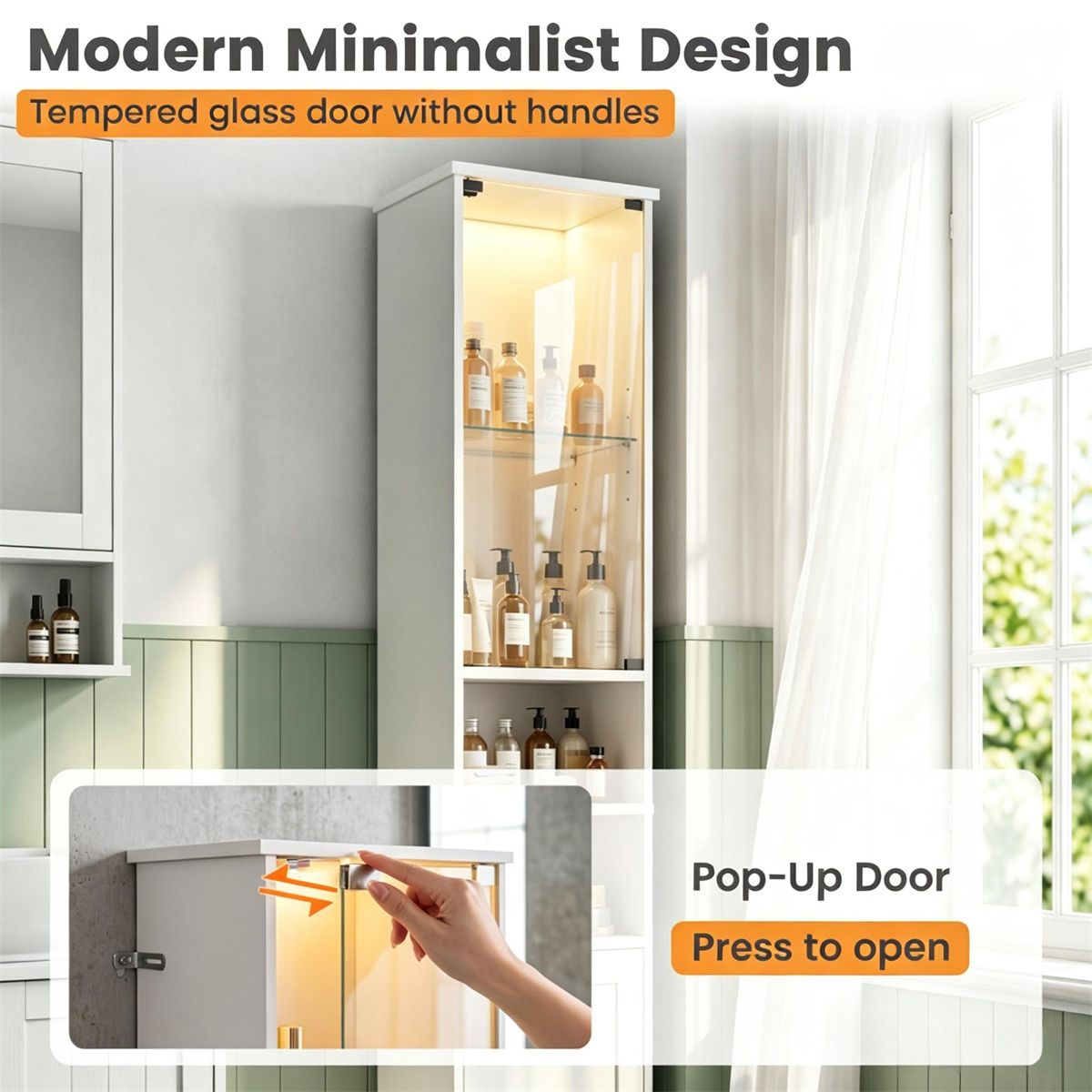 Narrow Bathroom Tall Storage Cabinet with Dimmable LED Light
