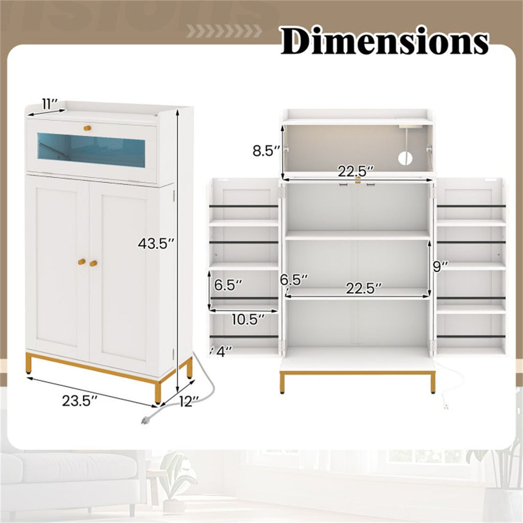 White and Gold Pantry Cabinet with Charging and LED Lights