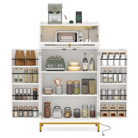 White and Gold Pantry Cabinet with Charging and LED Lights