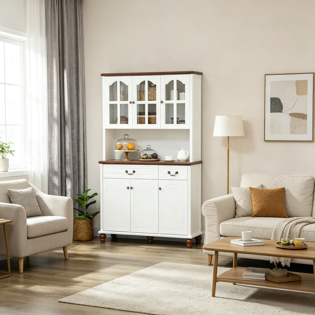 White Kitchen Buffet with Hutch Freestanding Pantry Cabinet 6 Doors 2 Drawers 3 Adjustable
