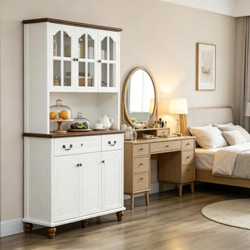 White Kitchen Buffet with Hutch Freestanding Pantry Cabinet 6 Doors 2 Drawers 3 Adjustable