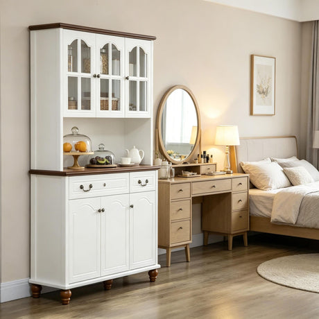 White Kitchen Buffet with Hutch Freestanding Pantry Cabinet 6 Doors 2 Drawers 3 Adjustable