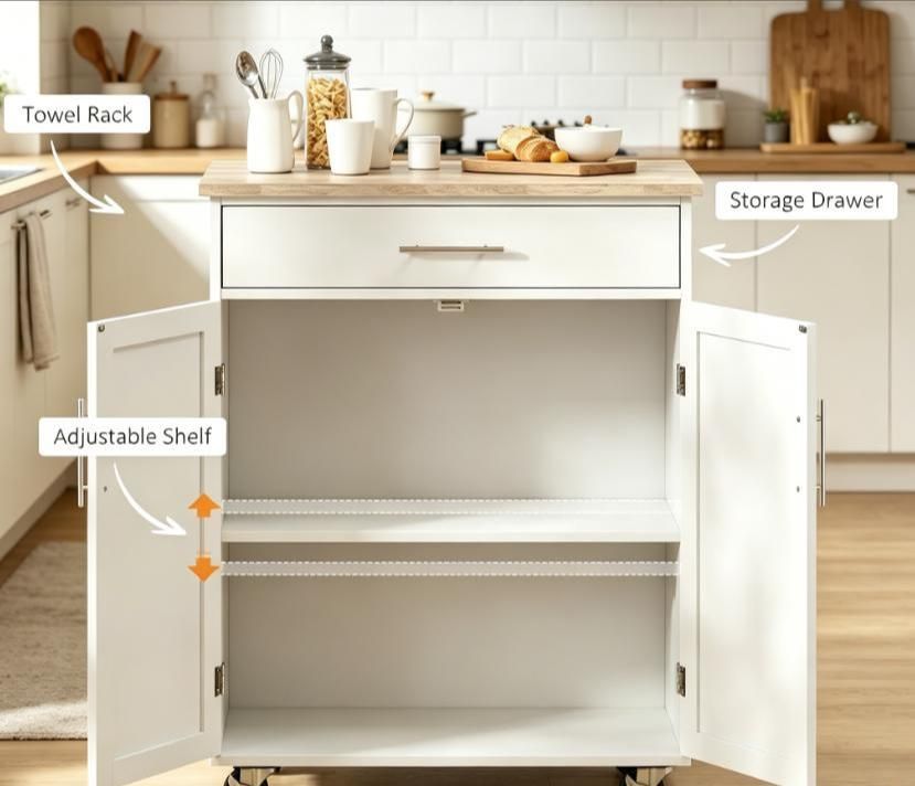 Versatile White Rolling Kitchen Cart with Drawer and Towel Rack