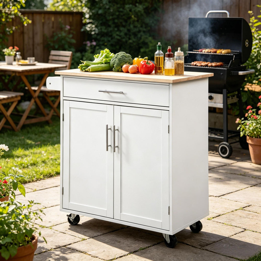 Versatile White Rolling Kitchen Cart with Drawer and Towel Rack