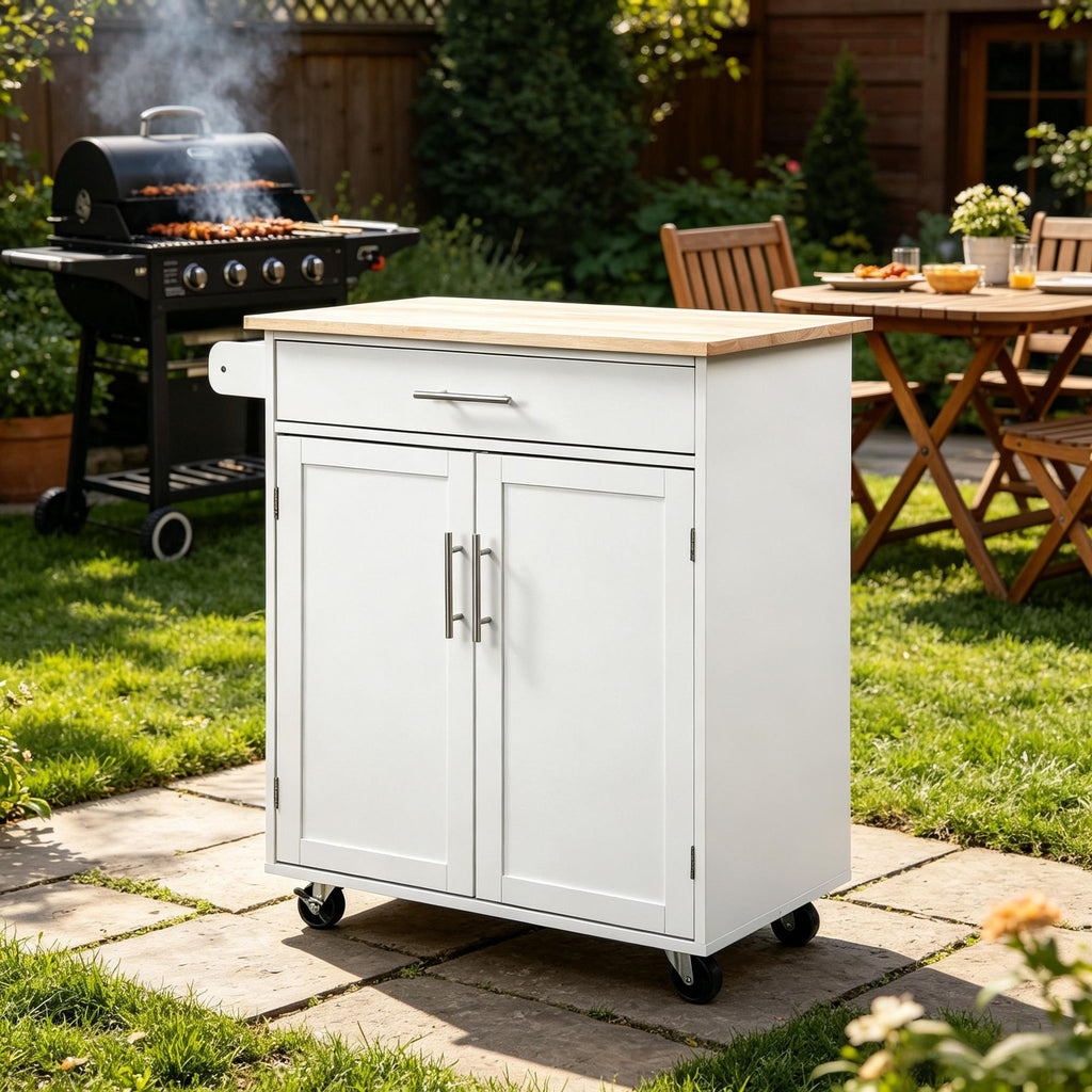Versatile White Rolling Kitchen Cart with Drawer and Towel Rack