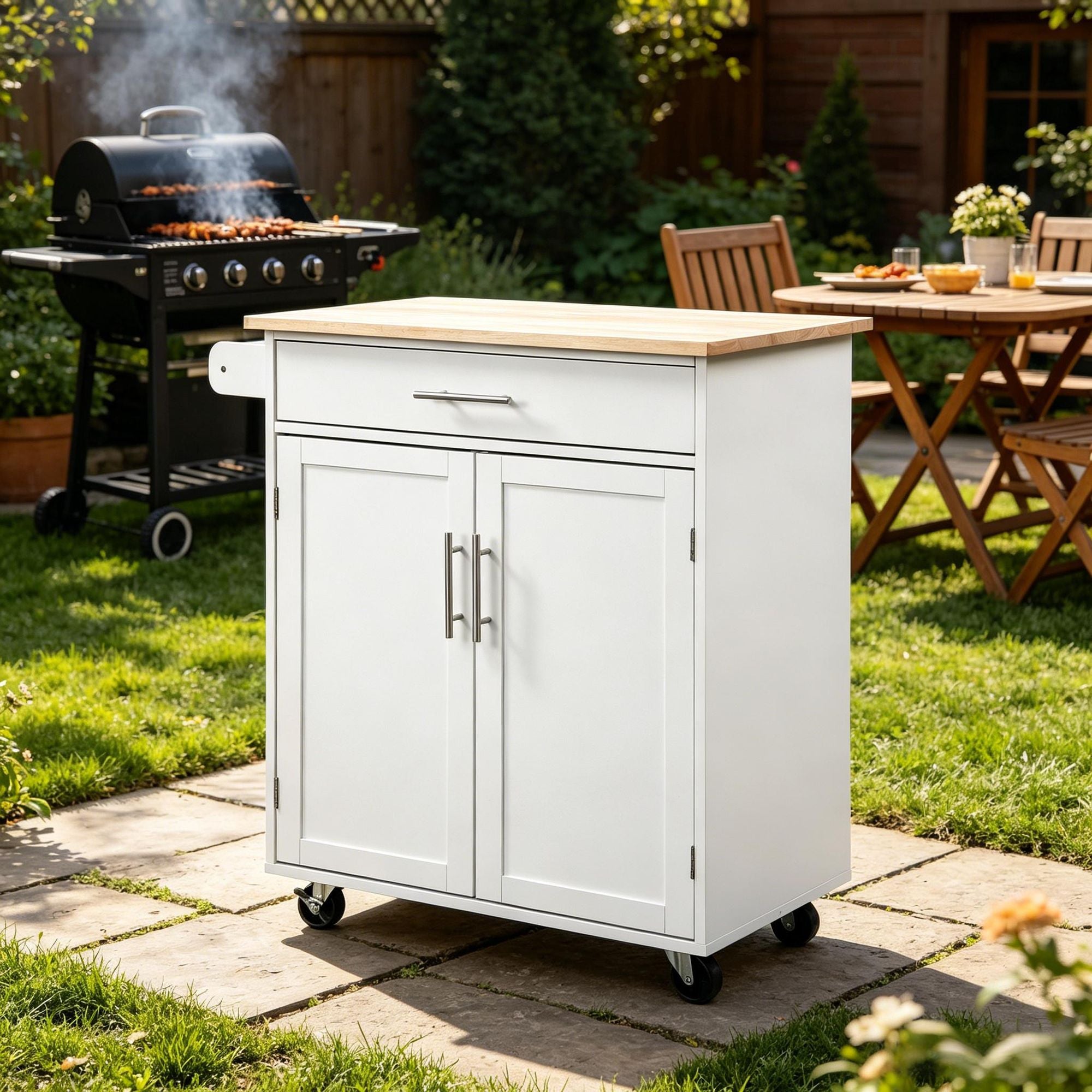 Versatile White Rolling Kitchen Cart with Drawer and Towel Rack