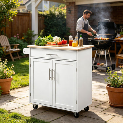 Versatile White Rolling Kitchen Cart with Drawer and Towel Rack