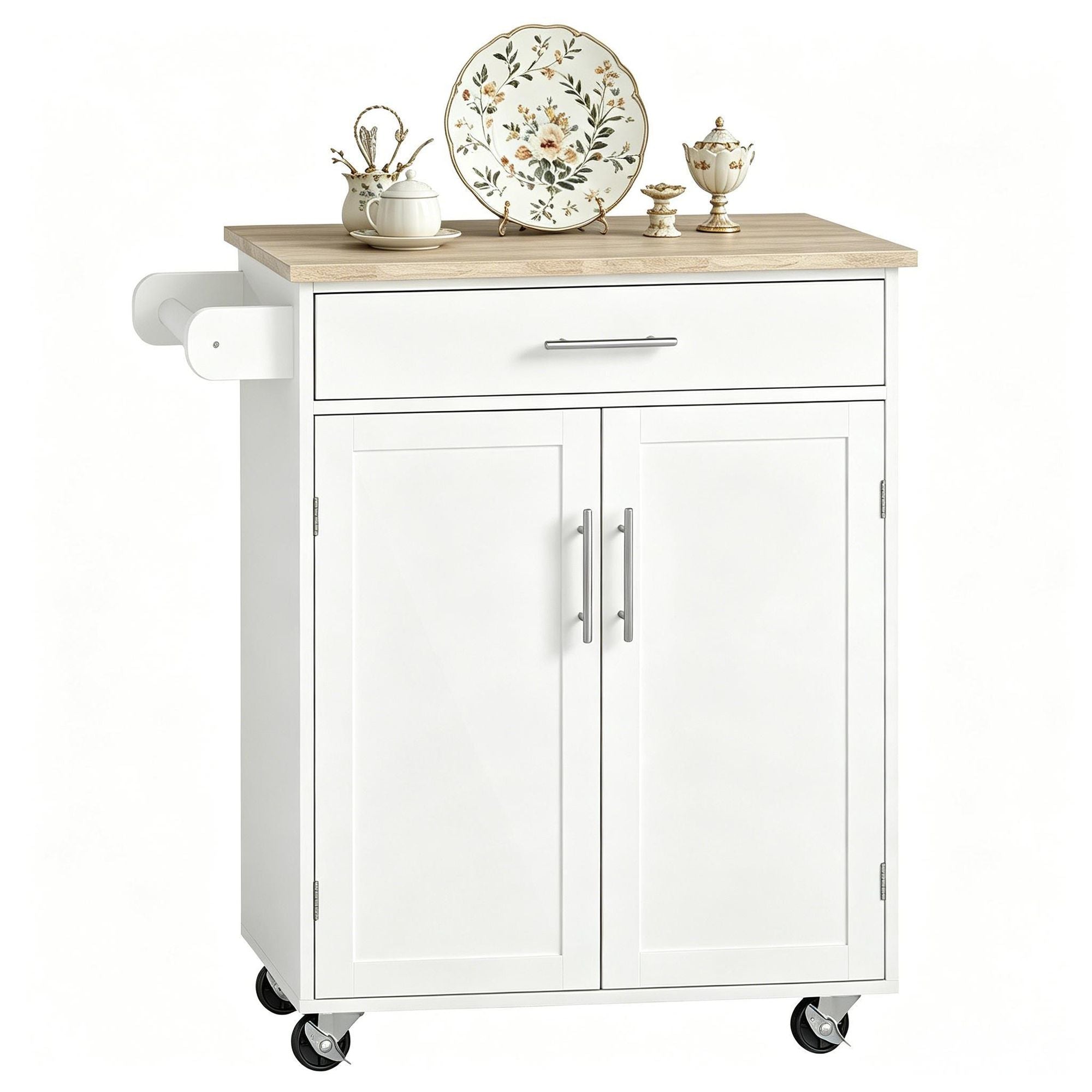 Versatile White Rolling Kitchen Cart with Drawer and Towel Rack