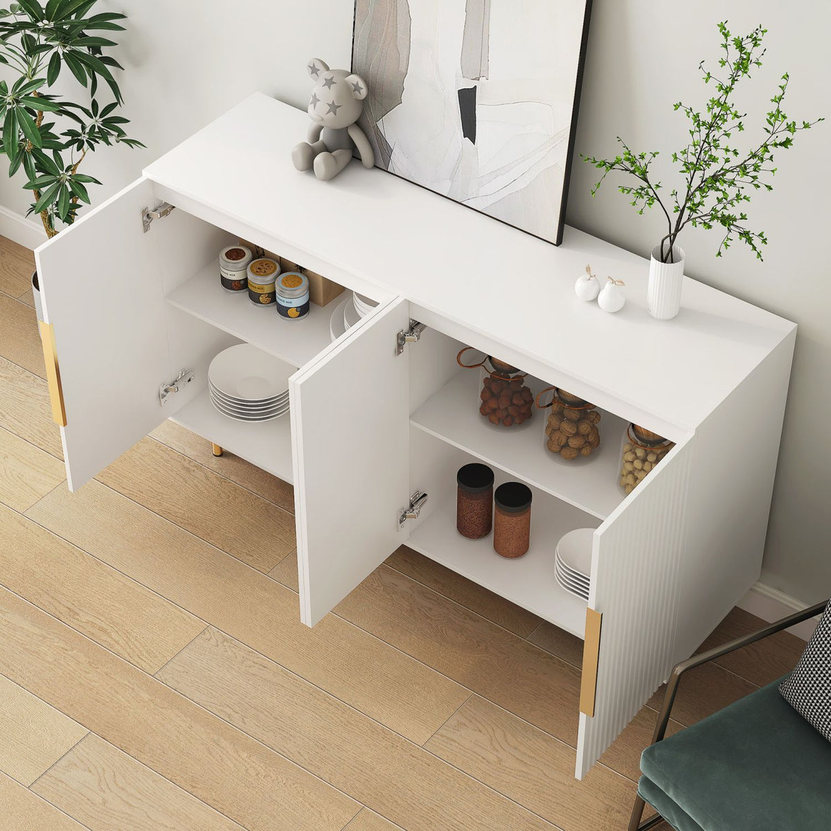 White Fluted Buffet Cabinet with Adjustable Shelving