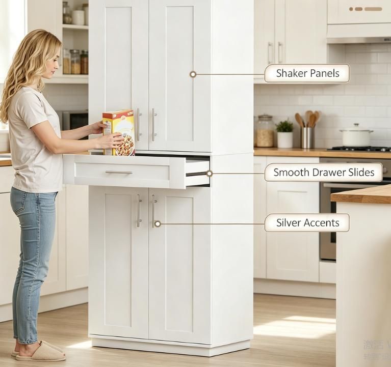 White Modern Kitchen Pantry Freestanding Cabinet Cupboard with Doors And Drawer Adjustable