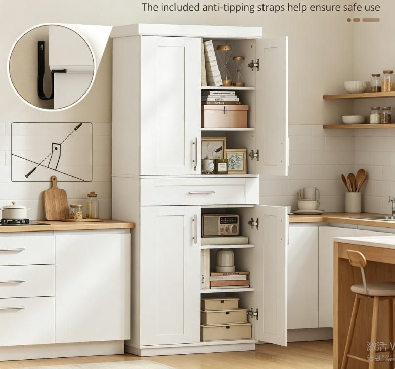 White Modern Kitchen Pantry Freestanding Cabinet Cupboard with Doors And Drawer Adjustable