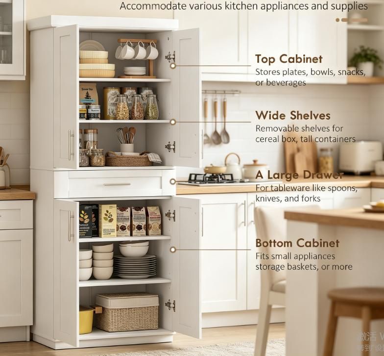 White Modern Kitchen Pantry Freestanding Cabinet Cupboard with Doors And Drawer Adjustable