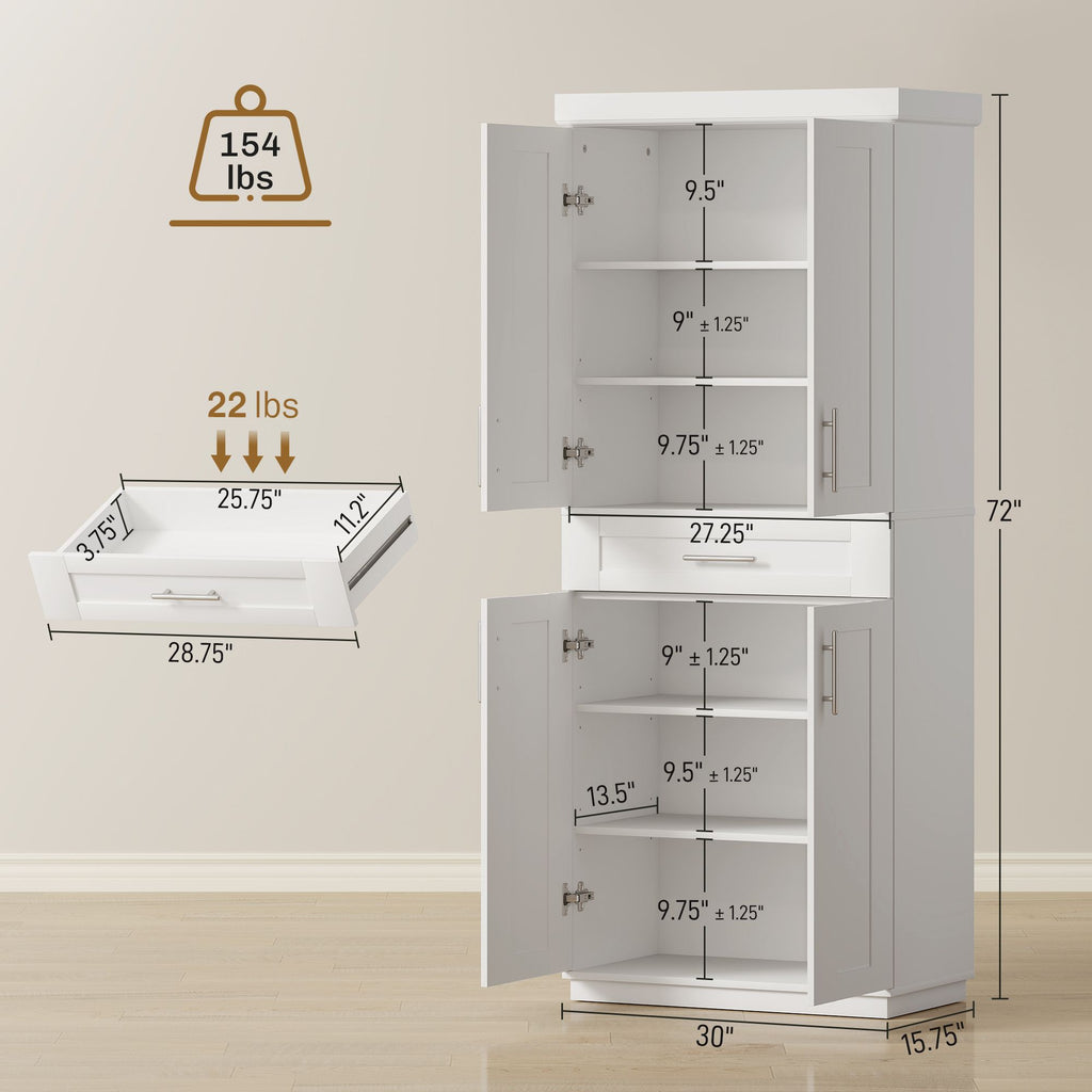 White Modern Kitchen Pantry Freestanding Cabinet Cupboard with Doors And Drawer Adjustable