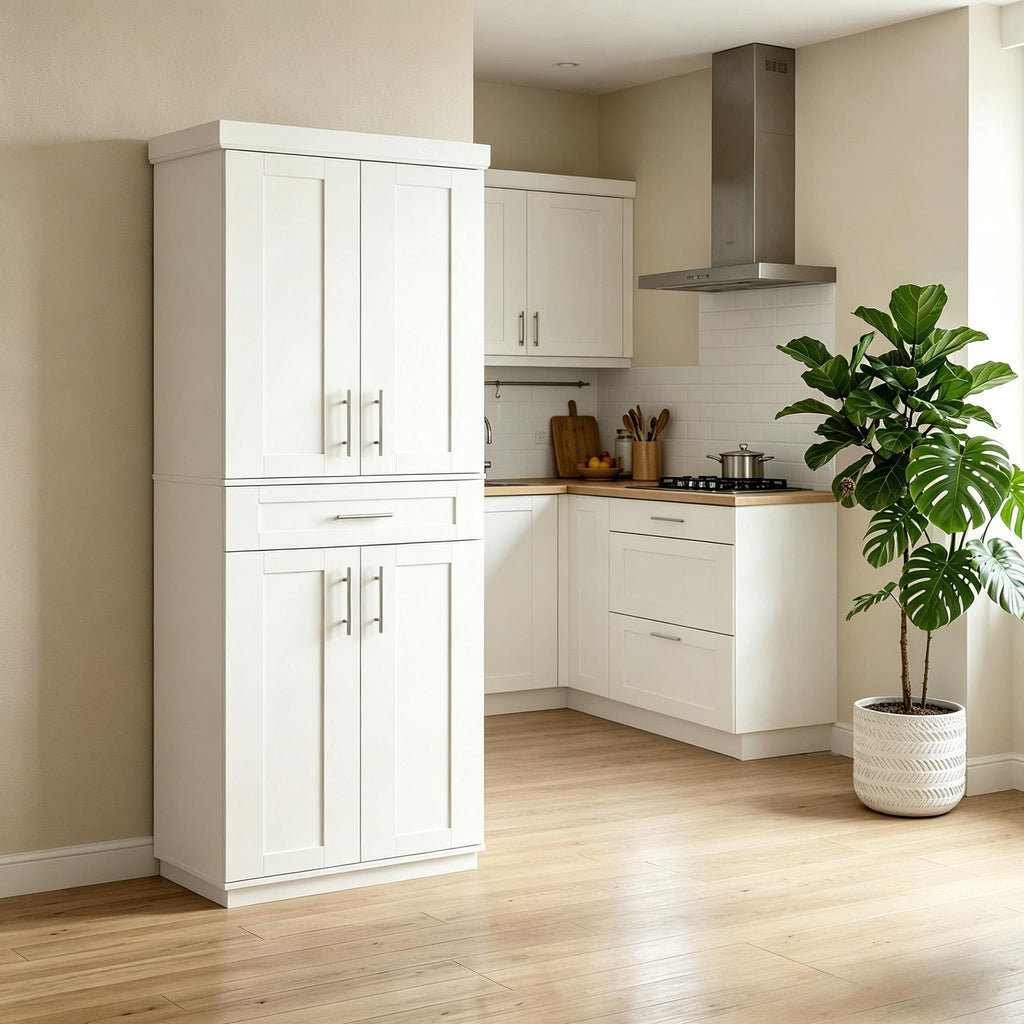 White Modern Kitchen Pantry Freestanding Cabinet Cupboard with Doors And Drawer Adjustable