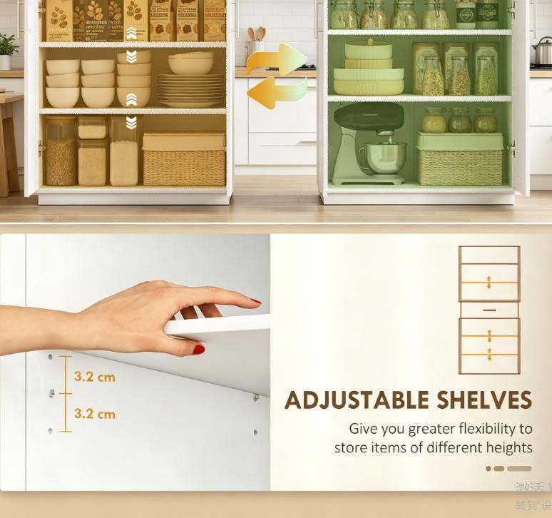 White Modern Kitchen Pantry Freestanding Cabinet Cupboard with Doors And Drawer Adjustable