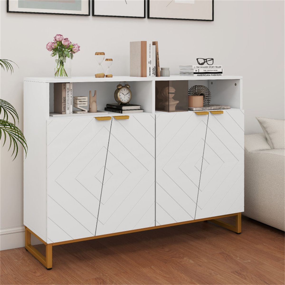 Modern White Sideboard with Irregular Cabinet Doors