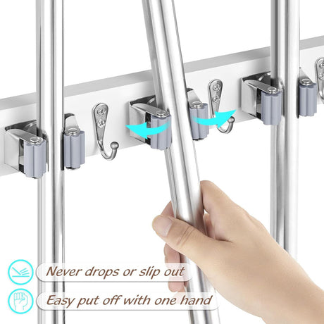 Wall Mount Mop Broom Holder with Hooks - Wood Organizer for Pantry & Laundry