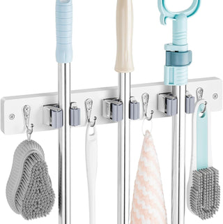 Wall-Mounted Broom and Mop Holder with 3 Slots and 4 Hooks